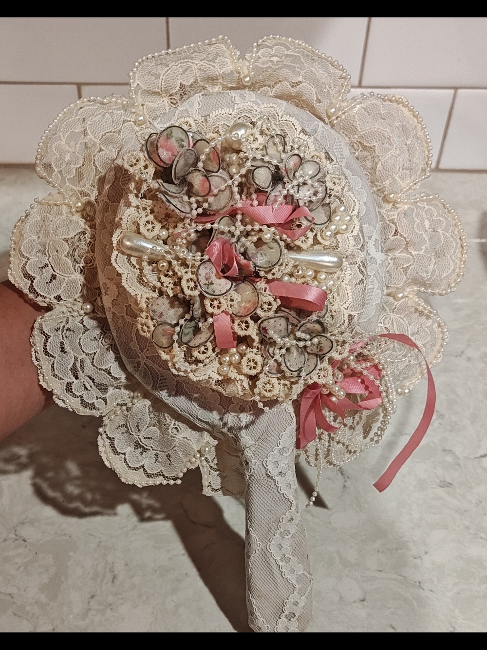 Vintage Cottagecorw Lace Hand Held Mirror  12" Embroidered